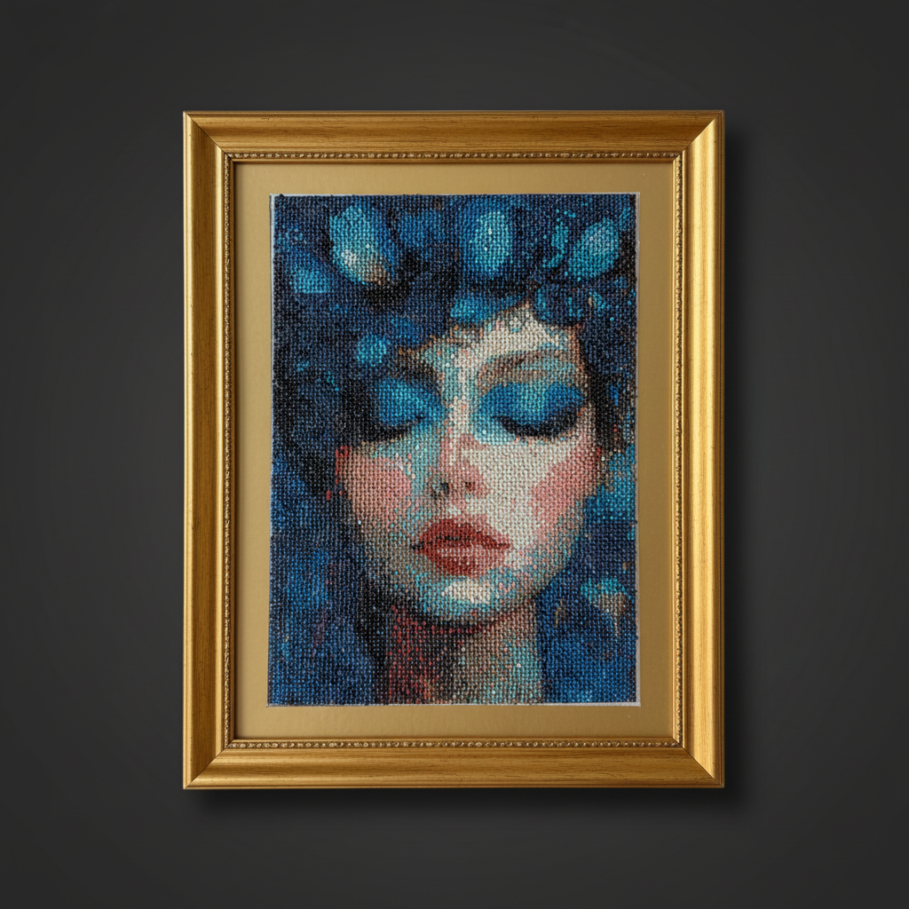 Mesmerized diamond painting with gold frame on dark background