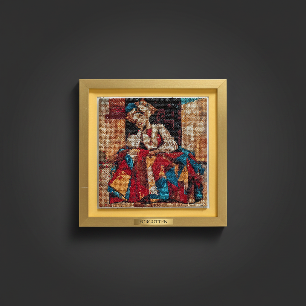 FORGOTTEN diamond painting with gold frame on dark background