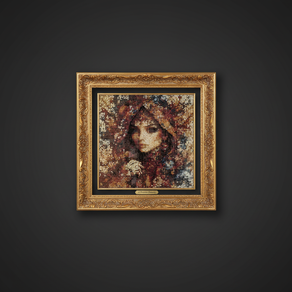 A Russian Beauty diamond painting with gold frame on dark background