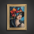 Innocent and Precious diamond painting with gold frame on dark background