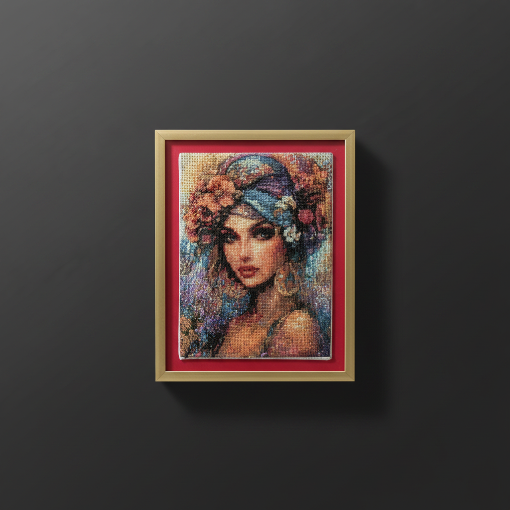 Temptation diamond painting with gold frame on dark background
