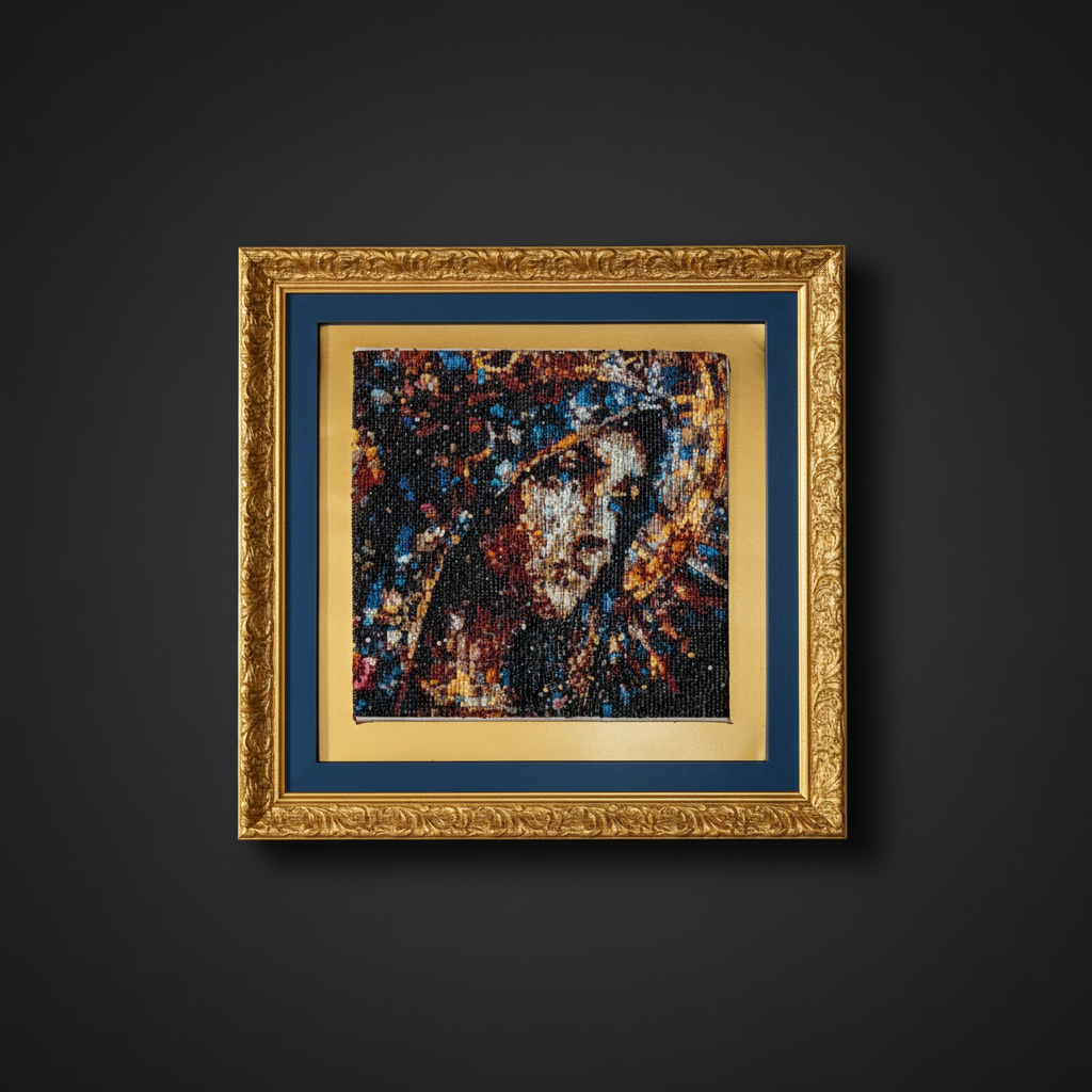 MADONNA diamond painting with gold frame on dark background