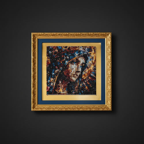 MADONNA diamond painting with gold frame on dark background