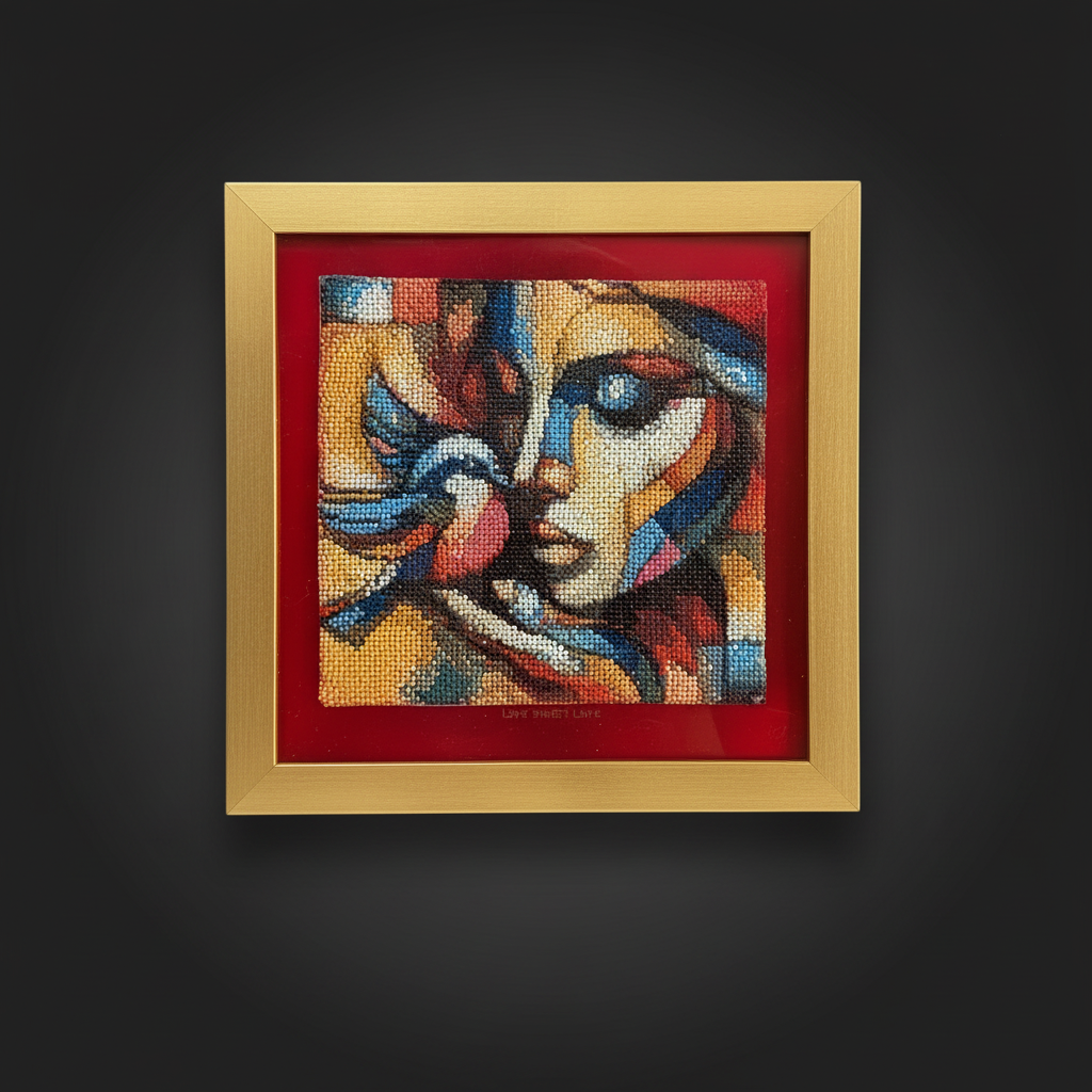 Love Sweet Love diamond painting with gold frame on dark background